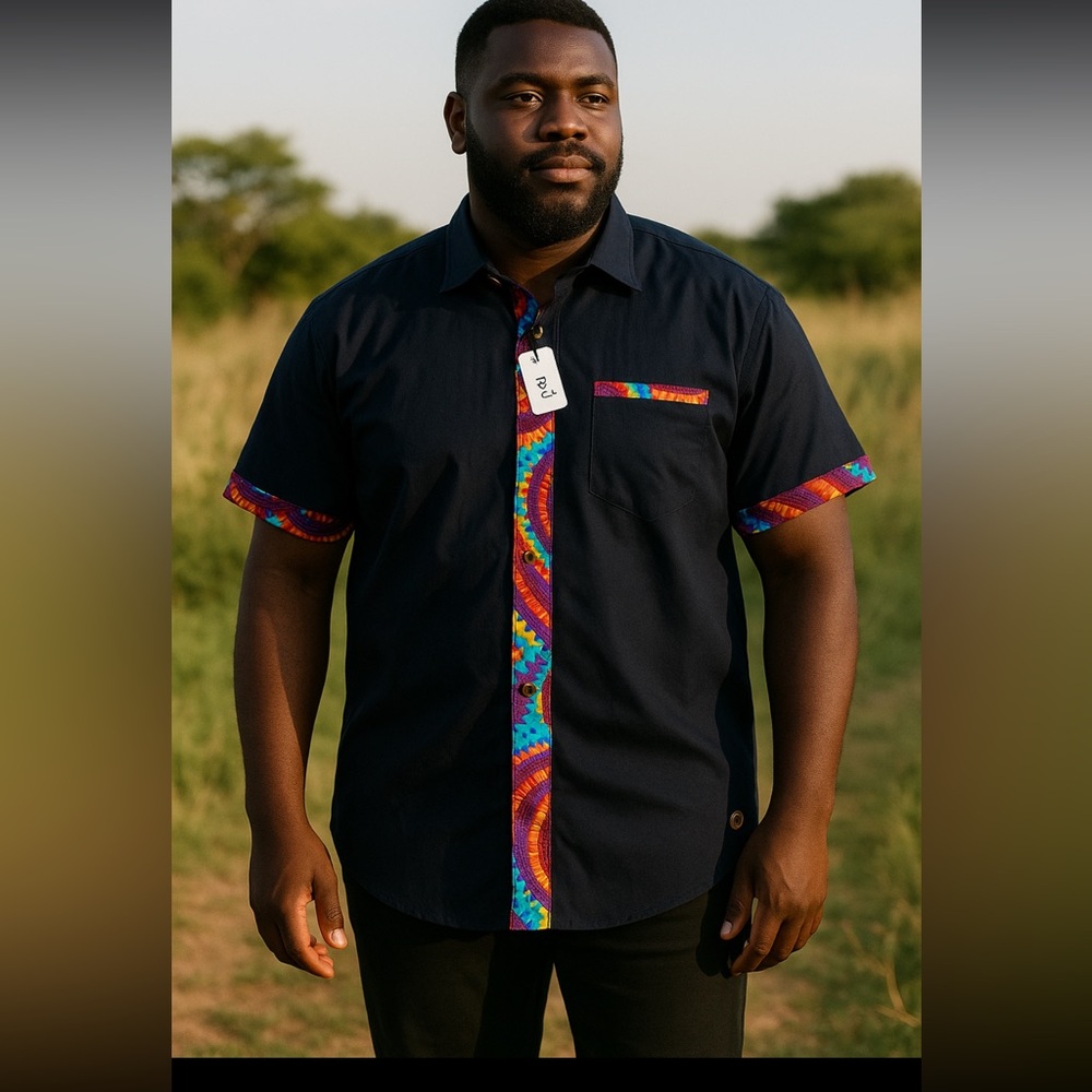D’IYANU Men’s XXL Navy Short Sleeve Shirt African Print Trim Button Front New